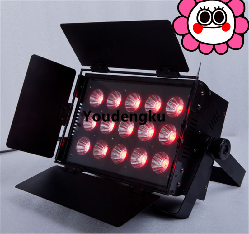 IP20-rated indoor LED wall washer featuring 15x30W RGBW Quad 4in1 technology and adjustable barn doors