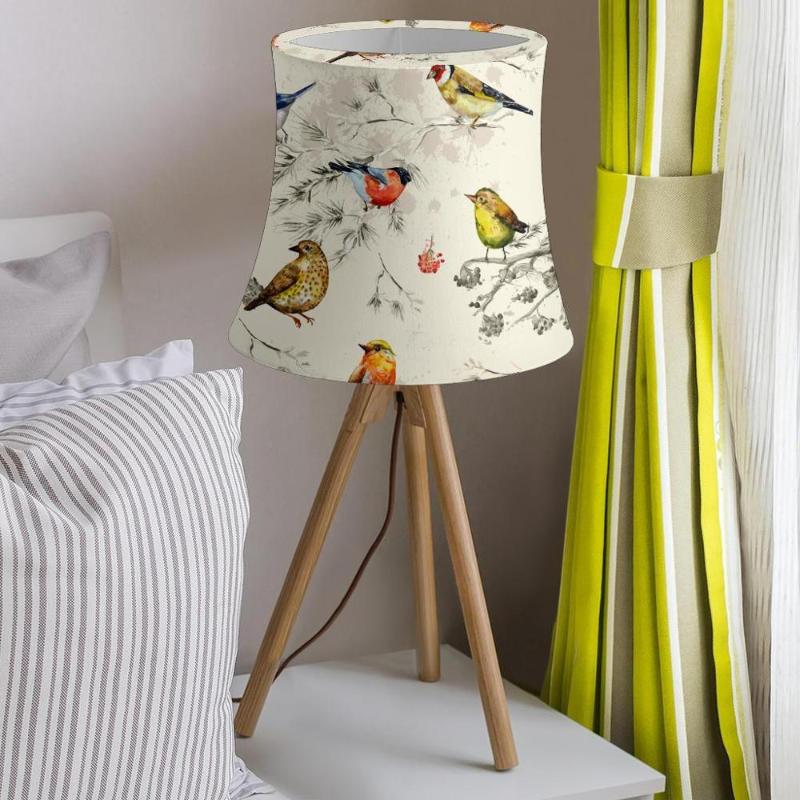 Lamp shade with bird watercolor pattern in Art Deco style, simple drum design with stretch fabric cover
