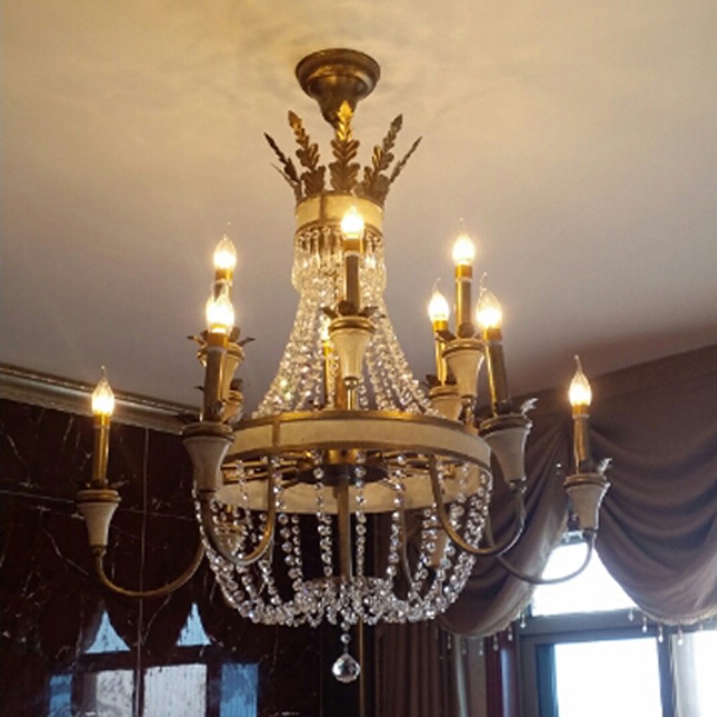 Large bronze hanging light fixture for foyer, hallway, or living room with antique brass finish and crystal accents