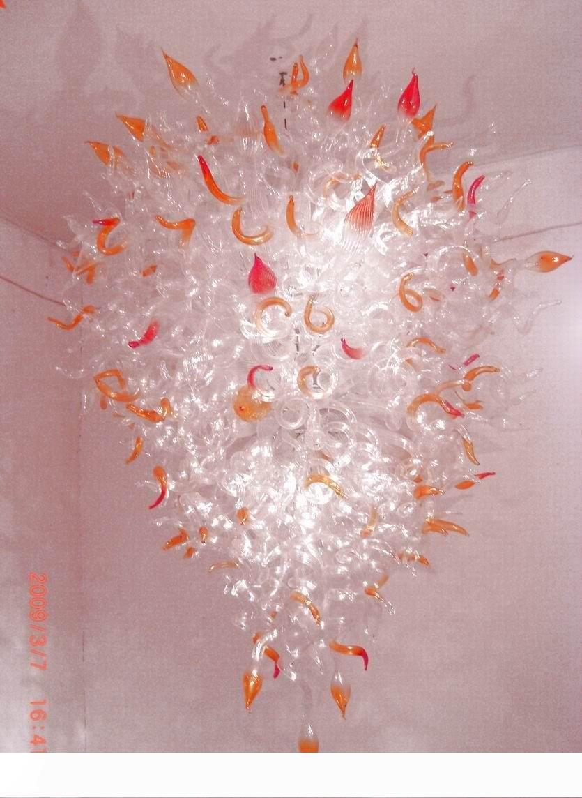 Large decorative chandelier in special orange-red and clear hand-blown glass design for home or hotel lighting