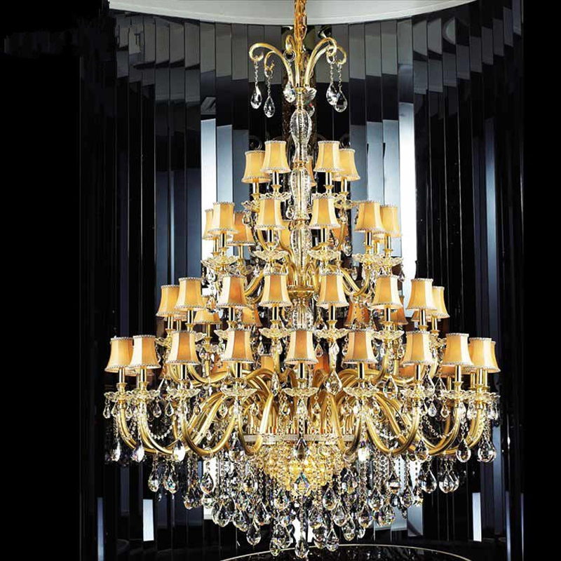 large gold modern chandelier with fabric cover for high ceilings in hotels