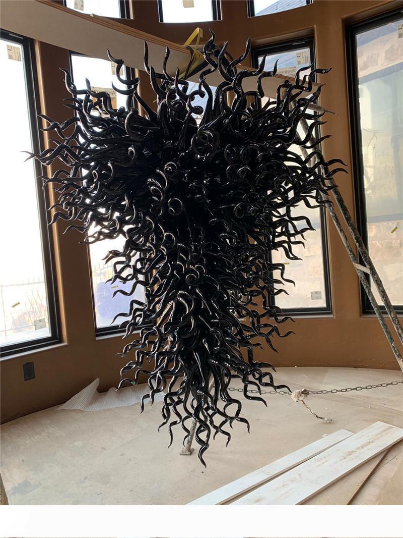 Large handcrafted black glass chandeliers, custom Murano pendant lamps for hotel decor, LED glass hanging lights