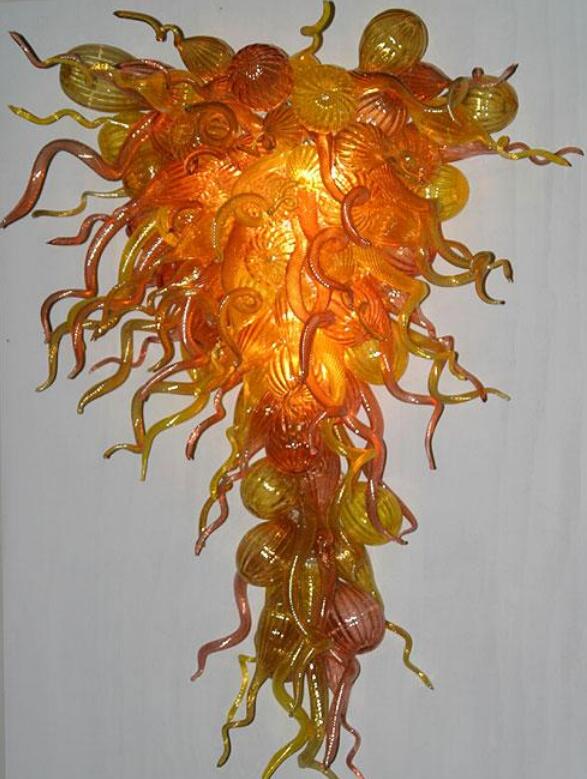 Large modern chandelier with amber glass and LED bulbs, stylish hanging pendant lamp