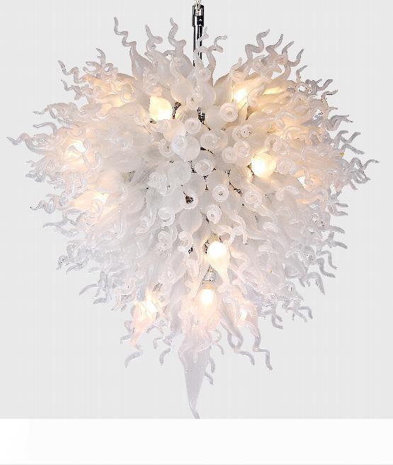 Large wedding centerpieces with white glass lamps featuring LED lights and hand-blown modern glass ball chandeliers