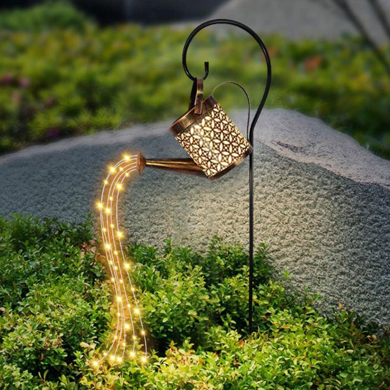 Lawn Lamps Wrought Iron Hollow LED Solar Lamp Watering Can Sprinkles Fairy Light Outdoor Waterproof Shower Garden Decoration