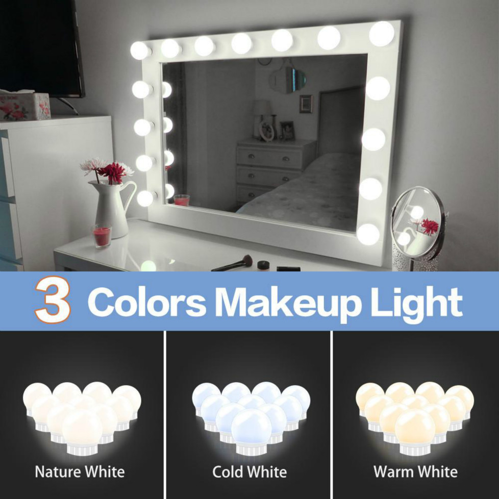 LED 12V makeup mirror with dimmable bulbs for dressing table, available in sets of 2, 6, 10, or 14 bulbs