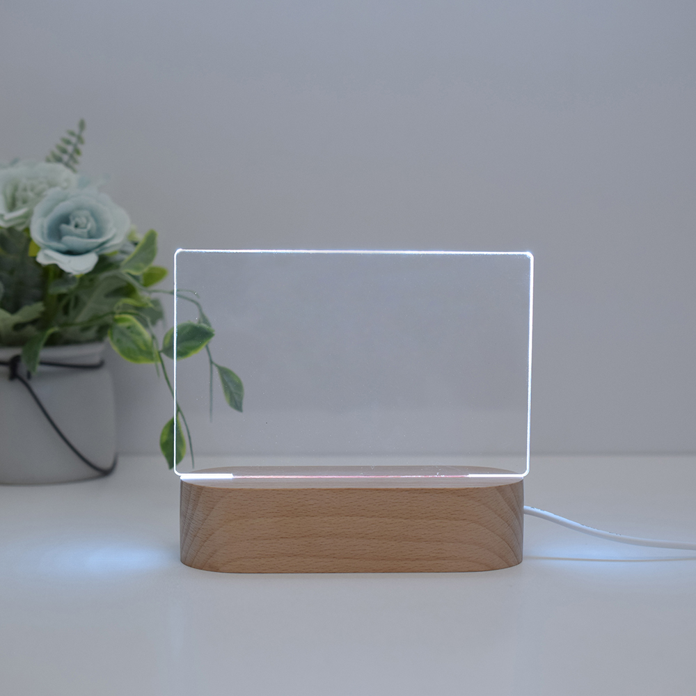 LED 3D oval wooden base night light with dimmer and USB, featuring acrylic sign on beech wood base in RGB colors