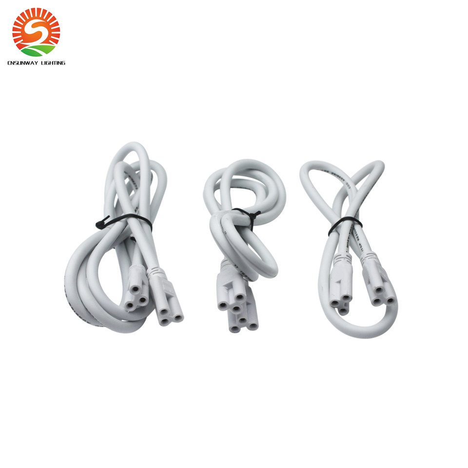 LED accessory wires for T8 and T5 integrated tube lights, available in 1ft to 5ft lengths, with CE, ROHS, UL, and DLC certified power plug extension cables
