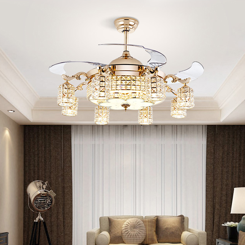 LED ceiling fan with invisible lights, timing remote, frequency conversion motor, and crystal pendant lamp control