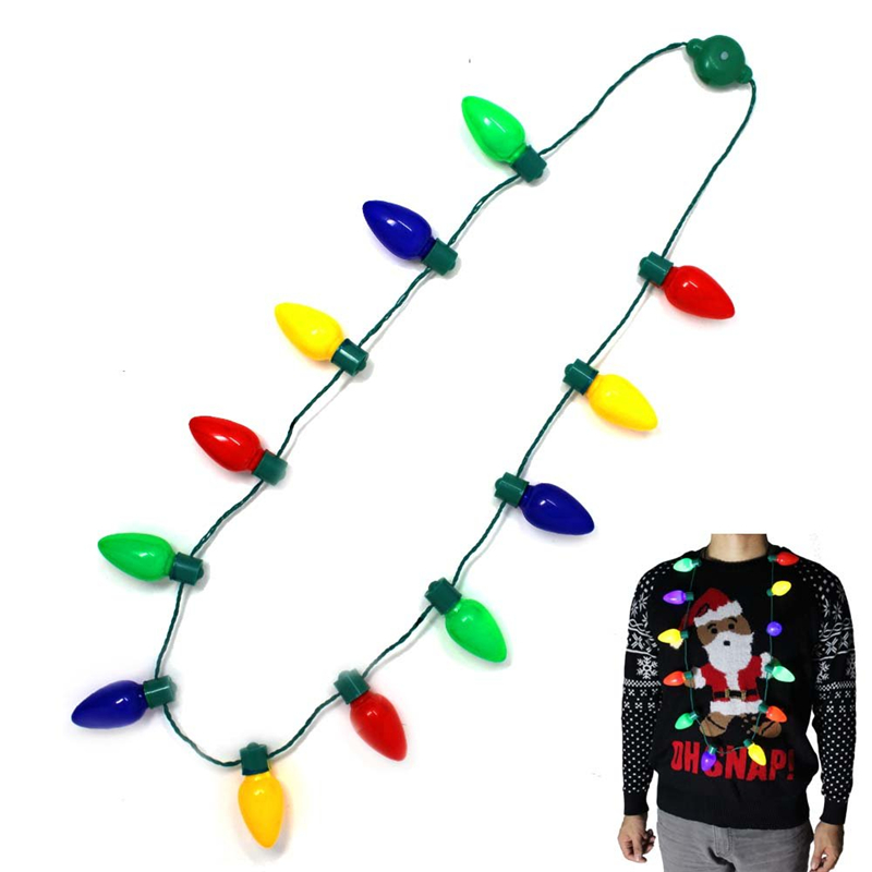 LED Christmas light necklace with 12 glowing bulbs for festive parties, fun for all ages