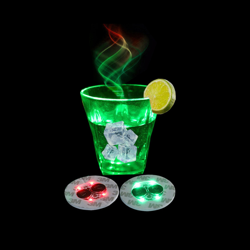 LED coaster stickers that light up bottles, cups, and wine holders for party bar decor