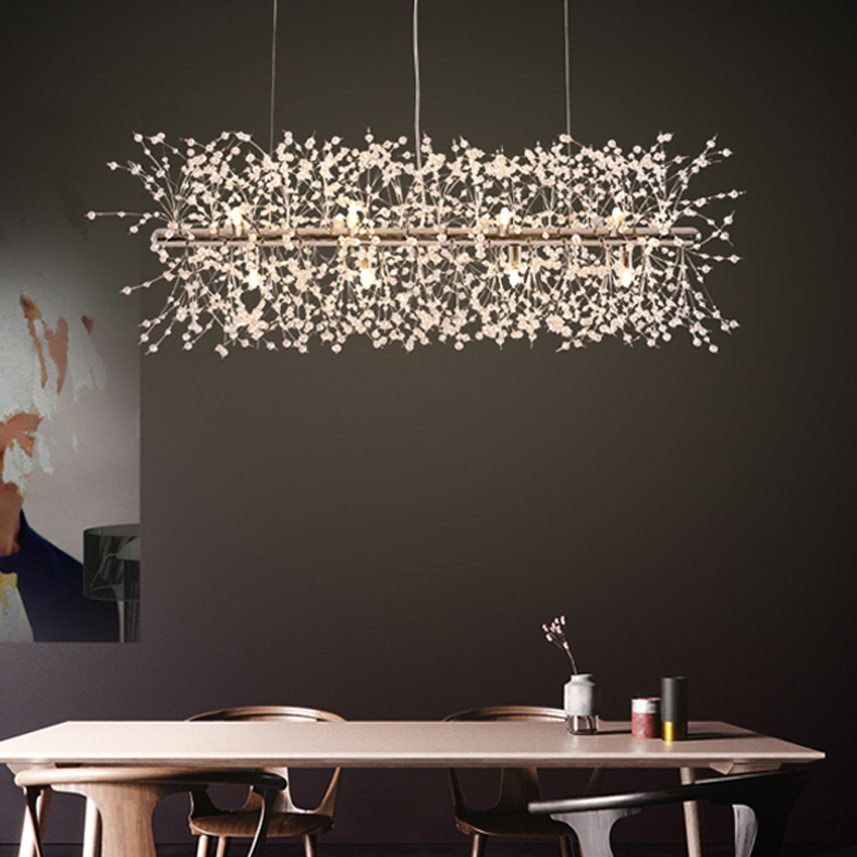 LED contemporary crystal hanging lamps, elegant chandeliers with floral dandelion designs for stylish indoor lighting in homes, hotels, and shopping centers