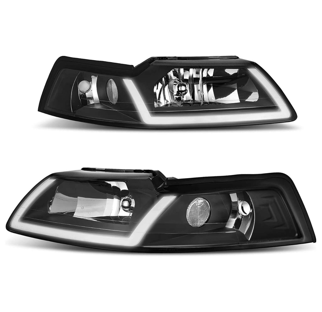 LED daytime running light headlamp assembly for 1999-2004 Ford Mustang, black housing with clear lens