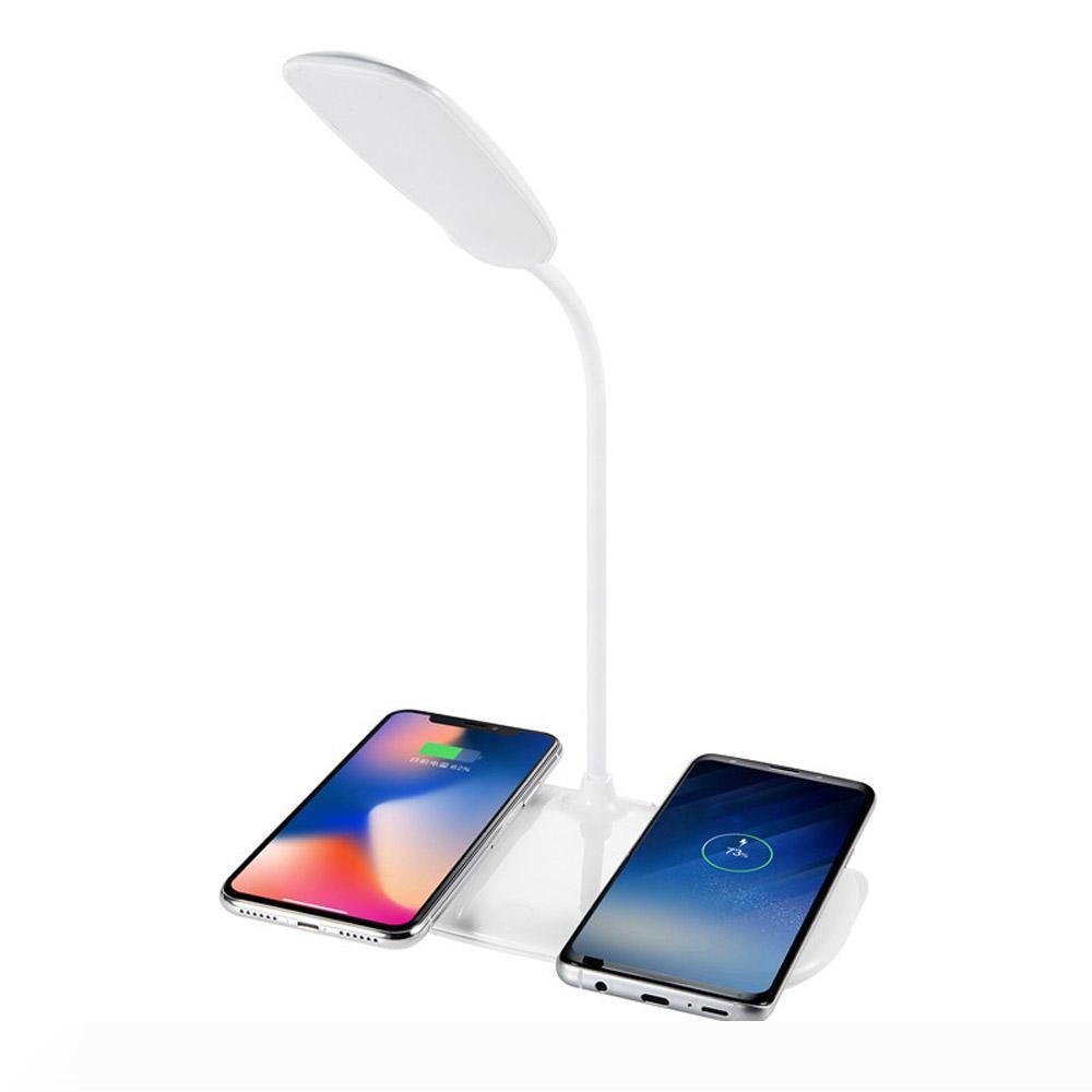 LED desk lamp with 5V 3A output, Qi wireless charging, touch control, USB port, and foldable design for bedroom use
