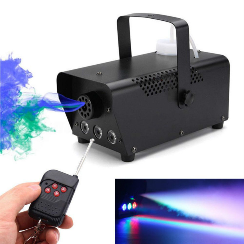 LED disco fog machine with colorful smoke, remote control, and mini ejector for DJ parties and Christmas events