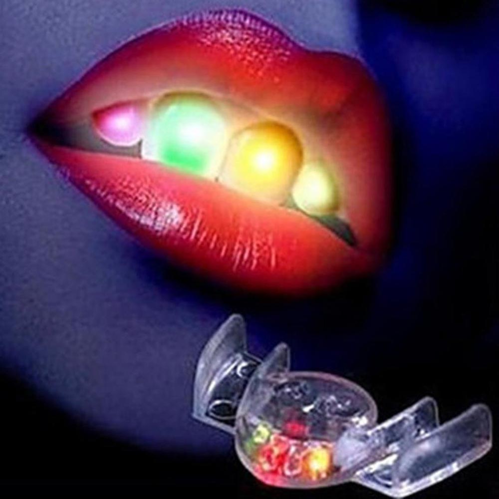 LED Halloween glowing teeth with colorful lights, fun party accessories for kids and Christmas multicolor RGB toys
