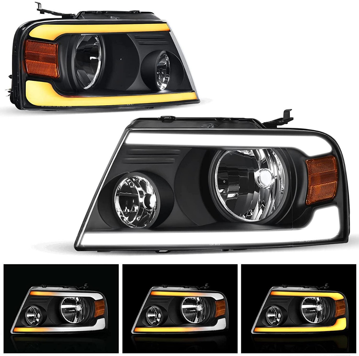 LED headlight assembly replacement for 2004-2008 Ford F150 with sequential turn signals, clear lens and black housing pair