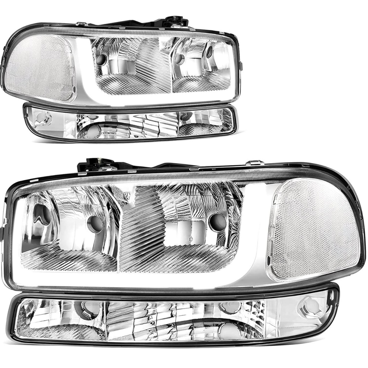 LED headlight assembly with DRL for 1999-2007 GMC Sierra and 2001-2006 Yukon XL, featuring chrome housing