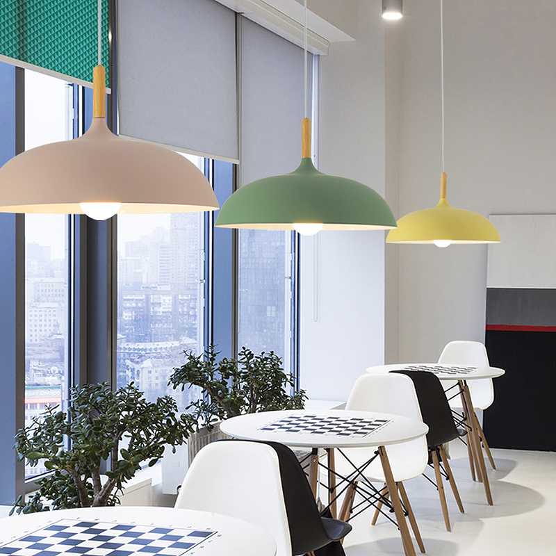 LED minimalist pendant lamps with E27 socket, featuring wood and aluminum shades for stylish home or art decor