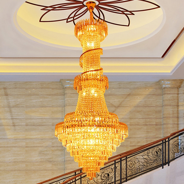 LED Modern Chandeliers featuring American Gold Crystal design for luxurious home lighting in living rooms, foyers, and staircases with elegant spiral pendant lamps