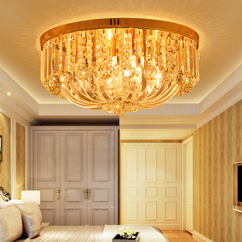 LED Modern Crystal Ceiling Chandeliers featuring gold American crystal accents, designed for indoor lighting with 110V/220V compatibility, measuring 50cm diameter and 26cm height