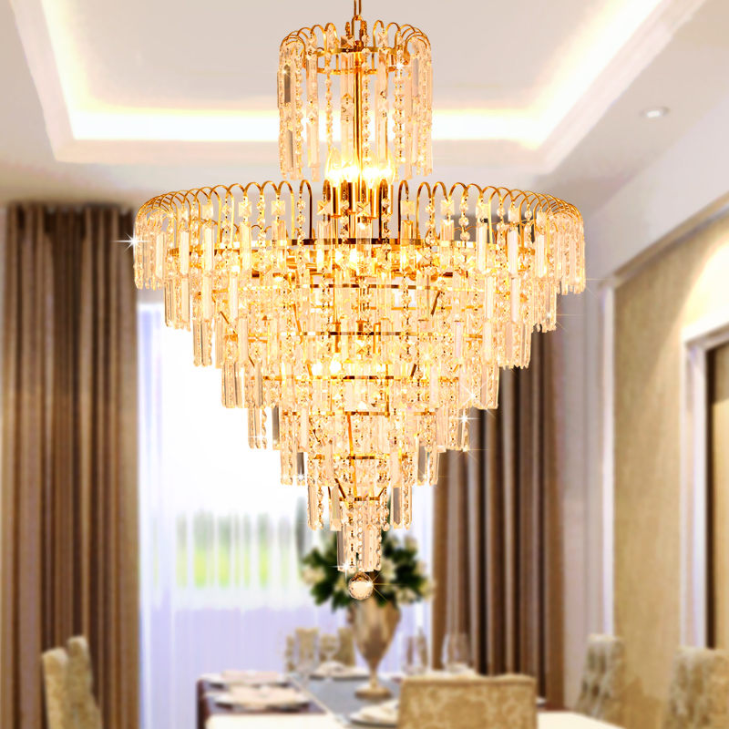 LED modern crystal chandelier with American gold finish for indoor lighting in dining rooms, hotels, and restaurants