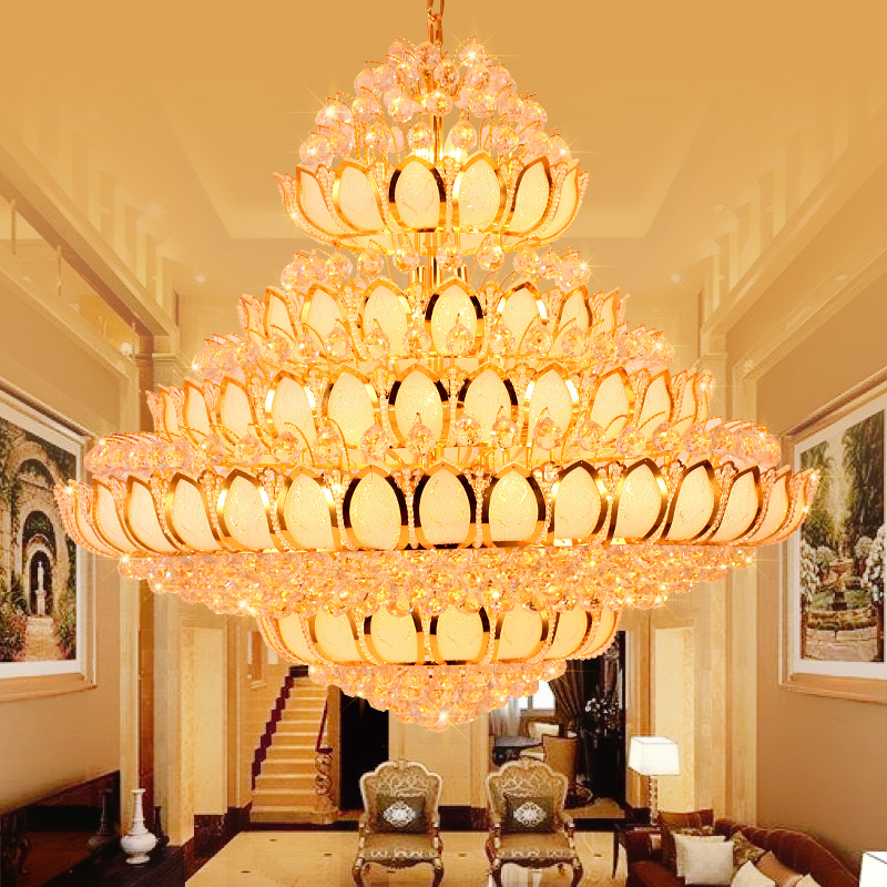 LED Modern Crystal Chandeliers featuring golden lotus flower designs for elegant hotel, villa, home, and temple lighting