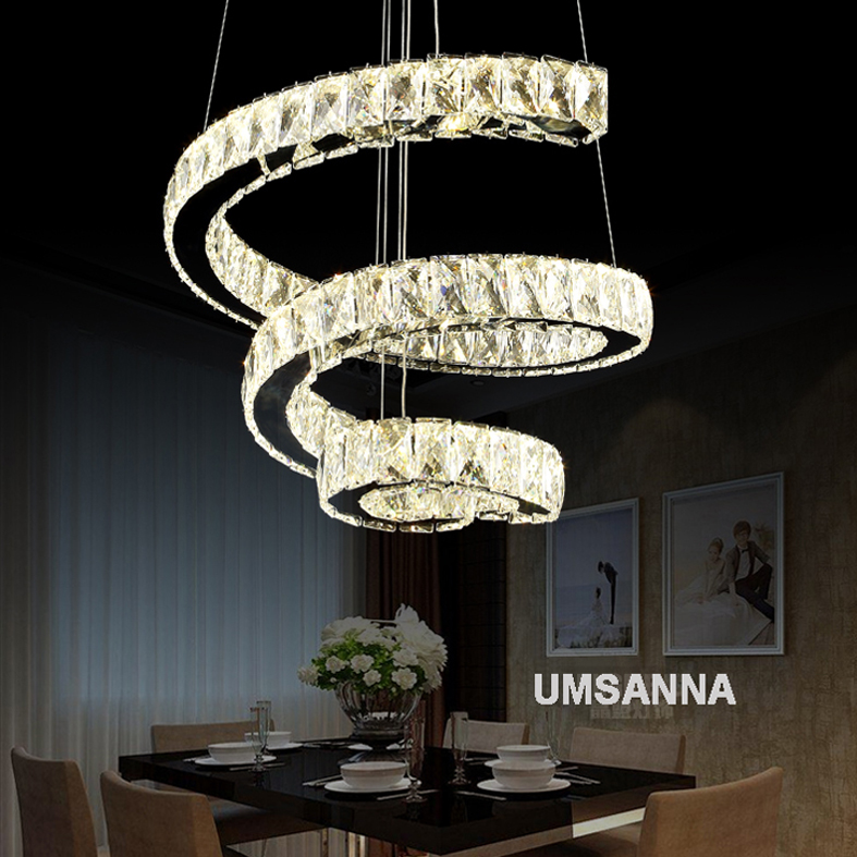 LED Modern Crystal Chandeliers with dimmable spiral design, offering 3-color dimming for indoor spaces like homes, hotels, and cafes
