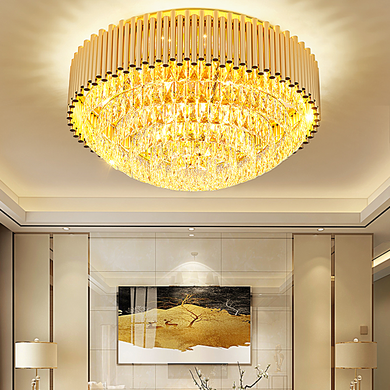LED Modern K9 Crystal Ceiling Lights Fixture American Golden Round Shining Ceiling Lamp Dining Room Restaurant Bedroom Home Indoor Lighting