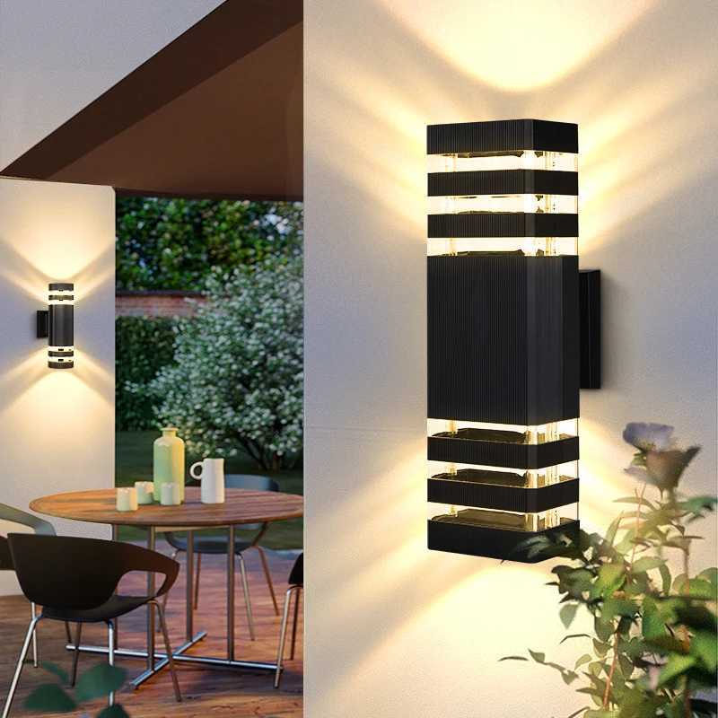 LED outdoor wall lights with E27 base, featuring up-down illumination, IP65 waterproof rating, ideal for porch, front door, and garden lighting