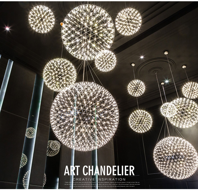 LED pendant lamp featuring a firework-style stainless steel ball design, ideal for chandelier lighting in restaurants, villas, hotels, and living rooms