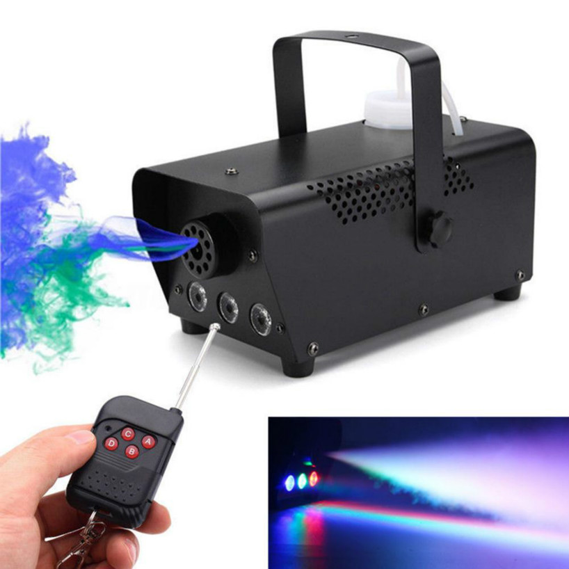 LED stage fog machine with colorful disco lighting, mini remote-controlled fogger for DJ parties and Christmas decorations