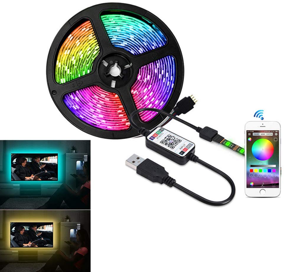 LED Strip Light, DC5V Bluetooth Control RGB SMD5050 30 LEDs/m USB Colorful Sync to Music & Timer Flexible Backlights Kit for TV, Color Changing Back