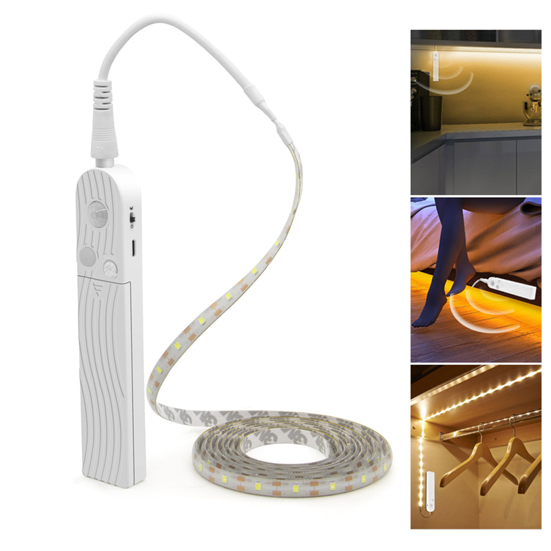 LED strip lights with motion sensor in 1m, 2m, or 3m lengths for cabinets, under beds, stairs, hallways, closets, and kitchens