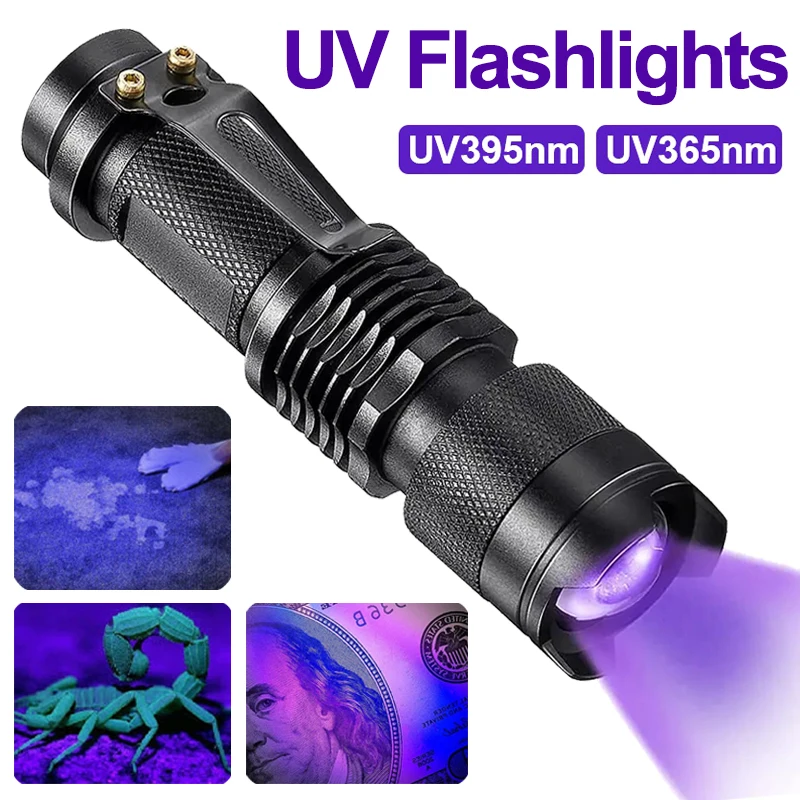 LED UV flashlight with adjustable zoom, 395nm ultraviolet torch for fluorescence detection