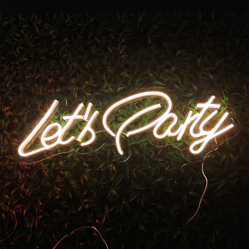 Let's Party neon sign for festive lighting, handmade home decor or bar ambiance with 12V super bright LEDs