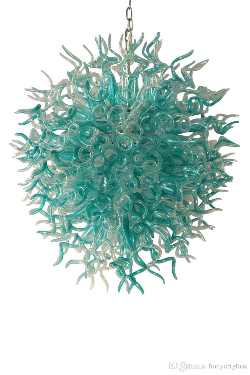 Light Blue Murano Glass Chandeliers with Round Blown Art Pieces, Free Shipping Included