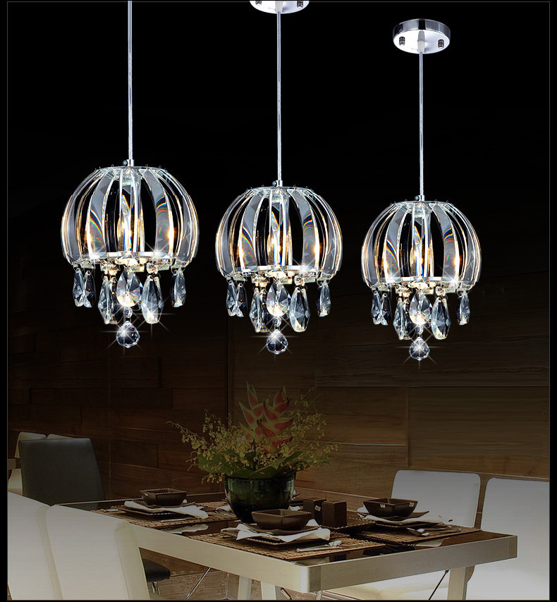 Linear modern LED hanging light with three crystal lights for kitchen, dining room, bedroom, study or office