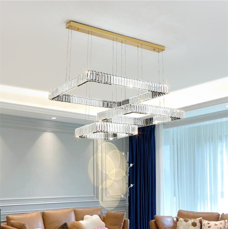 Living Room Crystal Chandelier Modern Chrome Square Chandelier Kitchen Island Dining Hanging Light Stainless Steel Pendant Lamp