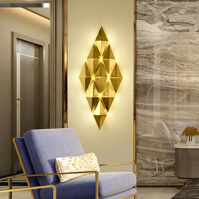 Living room study wall lamps with modern golden LED lights, stylish diamond design for bedroom or entrance