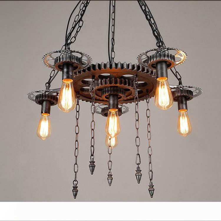 Loft-style retro industrial pendant lamp with machinery gears, ideal for personalized restaurant, bar, or cafe decor, featuring wrought iron design and free EMS shipping