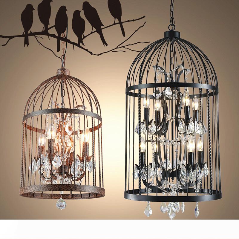 Loft-style vintage American rural chandelier for creative clothing stores, restaurants, and decor with iron pendant lights, crystal accents, and birdcage pendant lamps