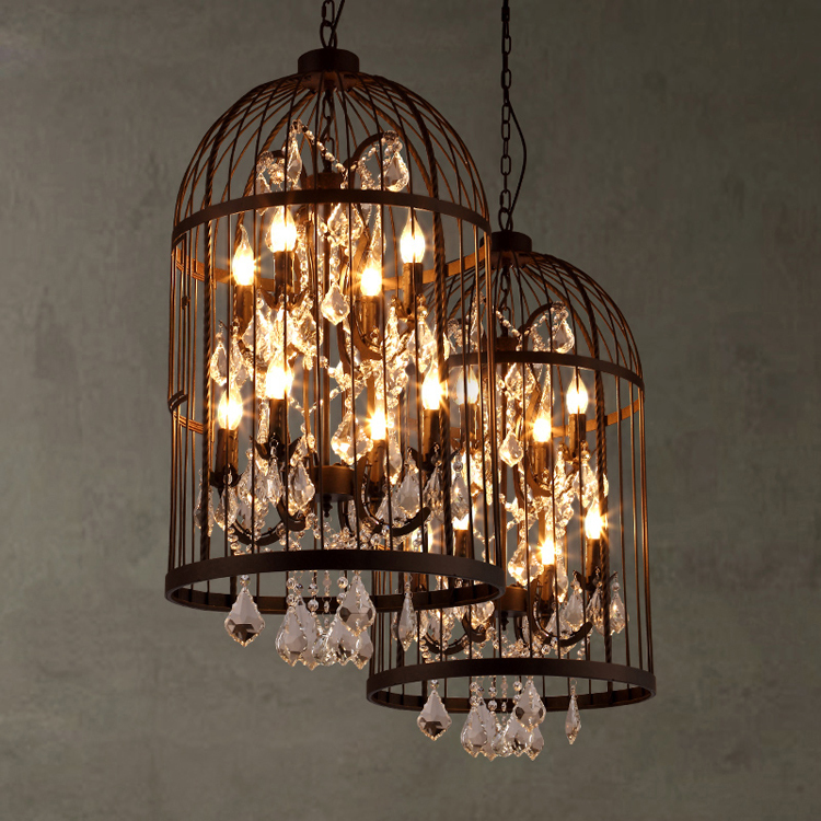 Loft-style vintage American rural chandelier with iron pendant lights and crystal birdcage decor for clothing stores and restaurants