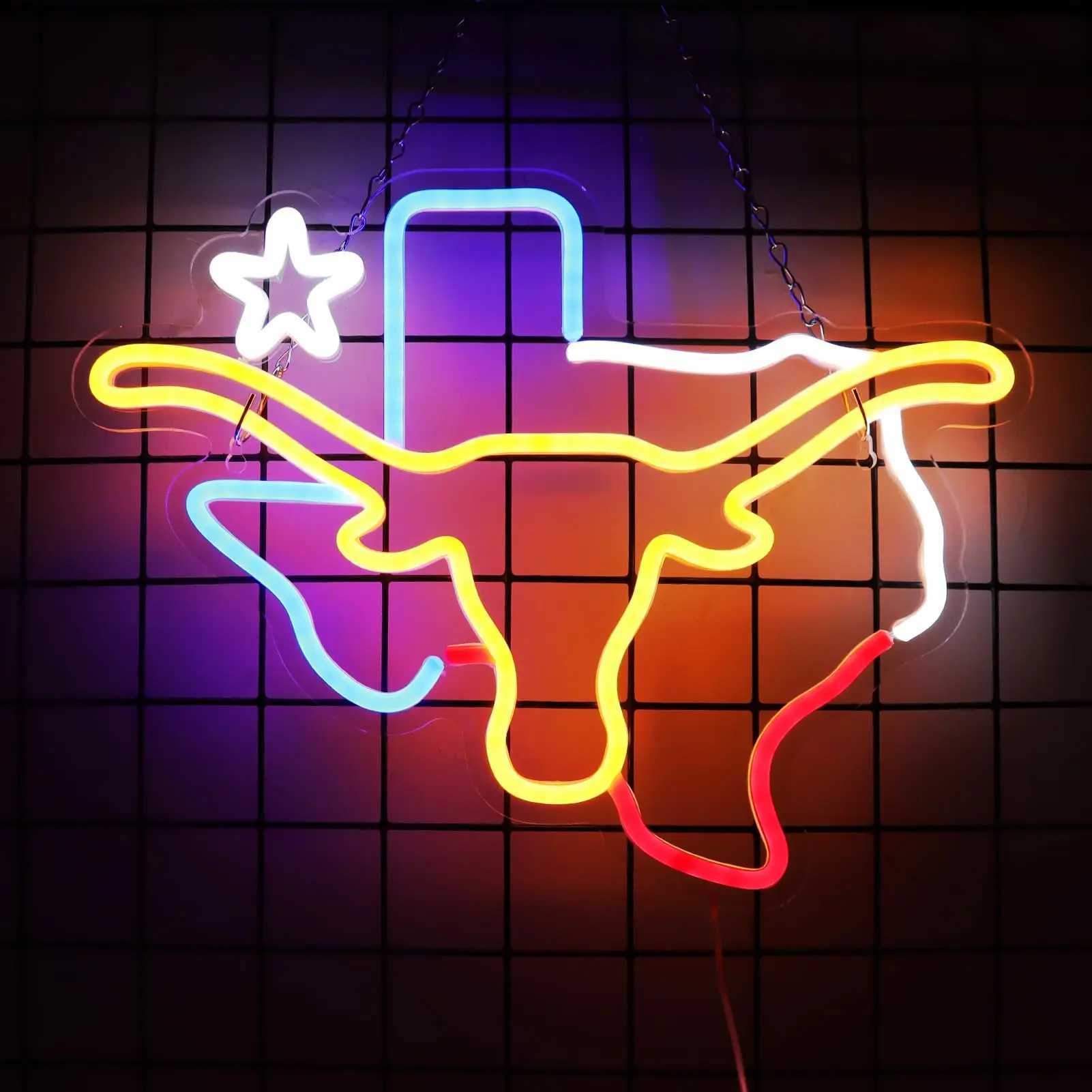 Longhorn-themed neon LED sign for room, bar, or wall decor, a Western-style gift for friends, colleagues, or partners