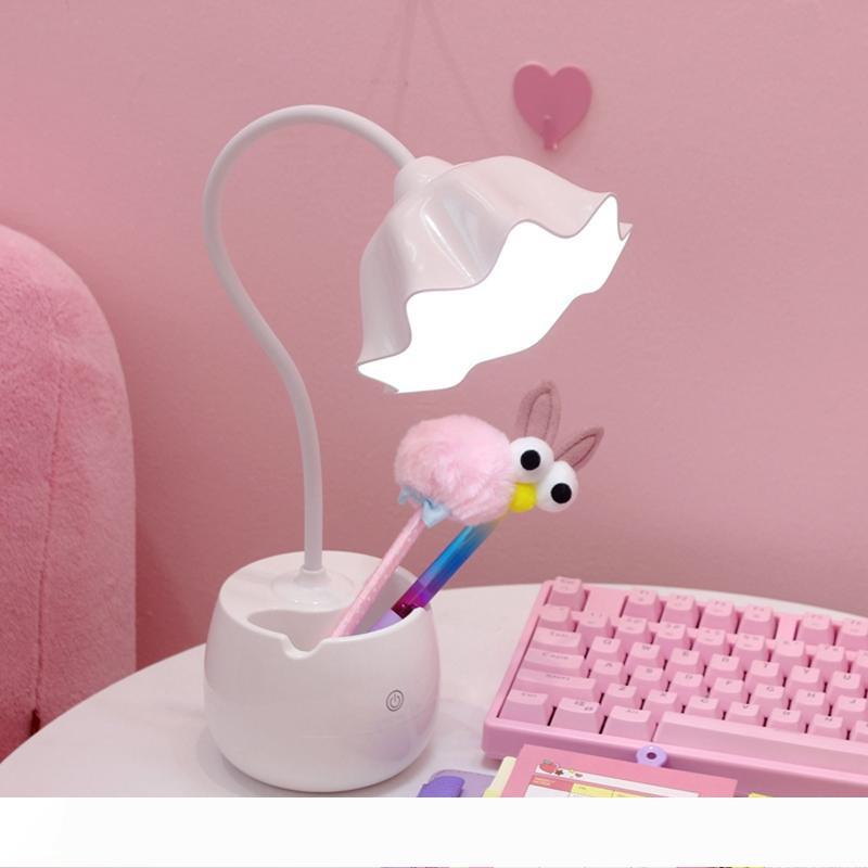 Lovely three-level dimmable reading lamp with pen holder and charging base, ideal LED desk light for students, girls, bedrooms, and study areas