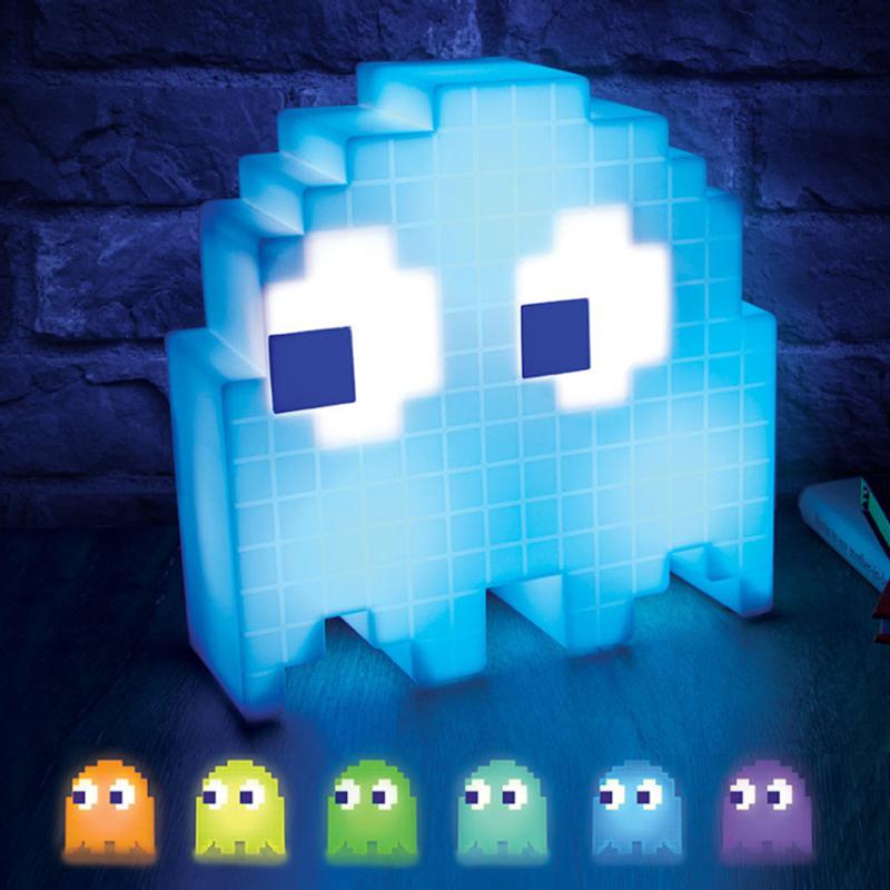 Luminous lamp covers and shades featuring Pac-Man pixel art in vibrant, color-shifting ghost designs with party music