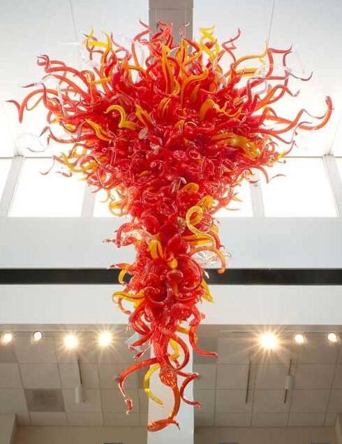 Luxurious modern LED chandelier with red and yellow crystal flowers, handcrafted Murano glass pendant lighting for home decor