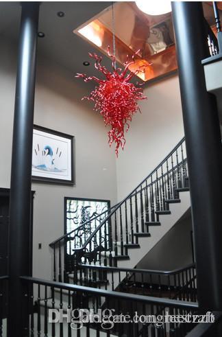 Luxurious Rudy Red Diamond Chandelier with Handcrafted Glass and Long LED Chains for Grand Staircase Lighting