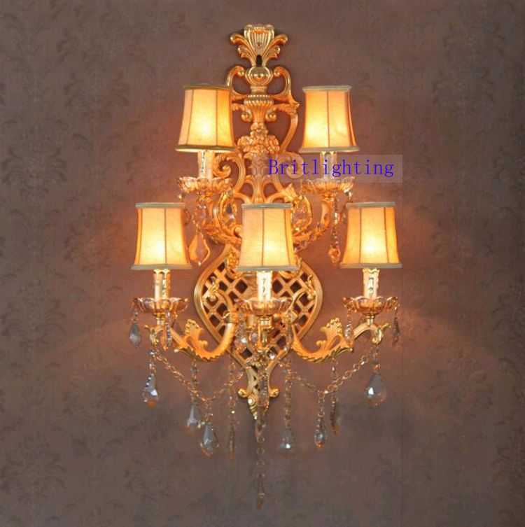 Luxury 5-light crystal wall lamp with golden satin shade for grand hotels