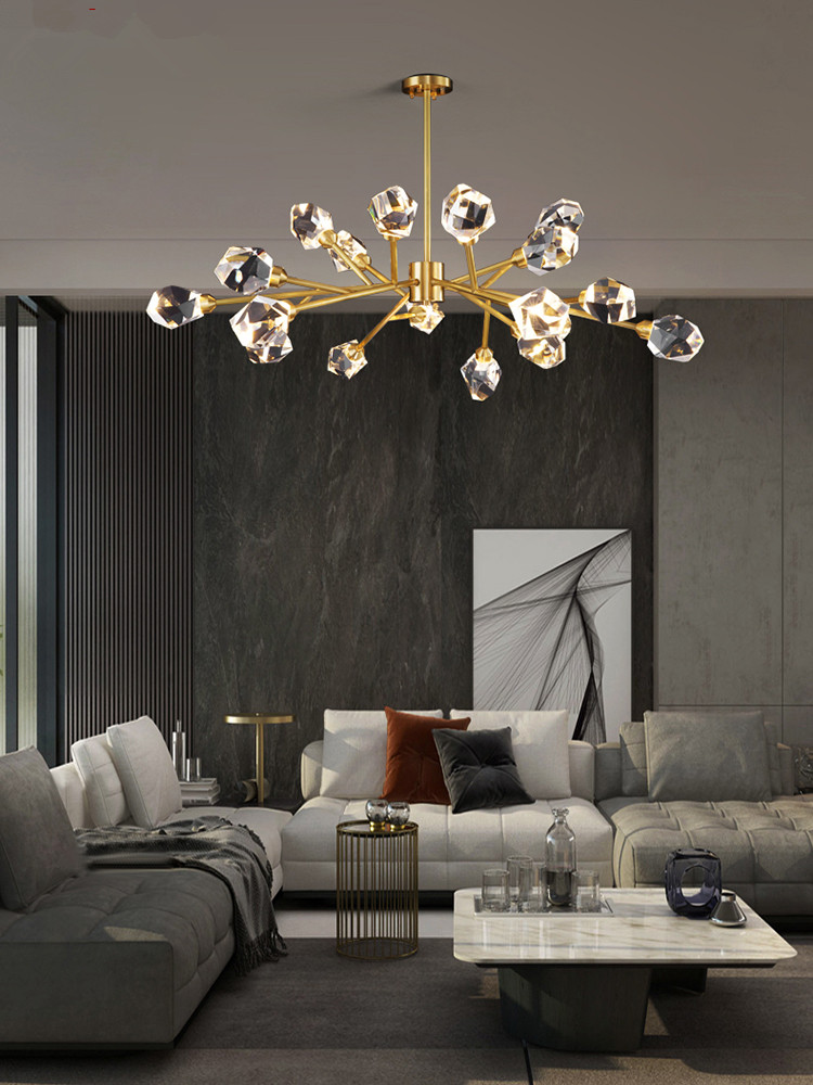 luxury brass and crystal chandeliers with gold LED lighting for living rooms, dining areas, kitchens, and bedrooms